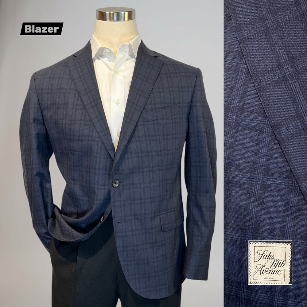 Saks Blazer Mens 44-46R Blue Plaid Wool Casual Sport Coat Suit Jacket